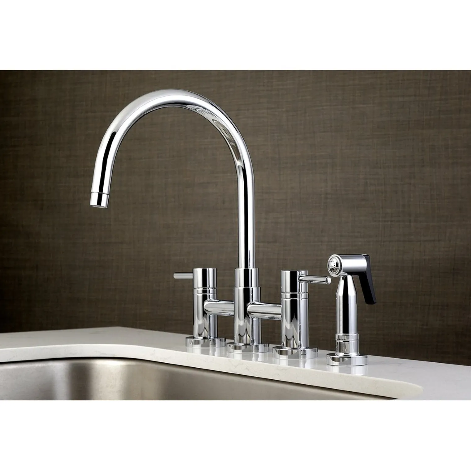 New Concord Two-Handle 4-Hole Bridge Kitchen Faucet with Brass Side Sprayer Faucets With Side Spray|Bridge Faucets