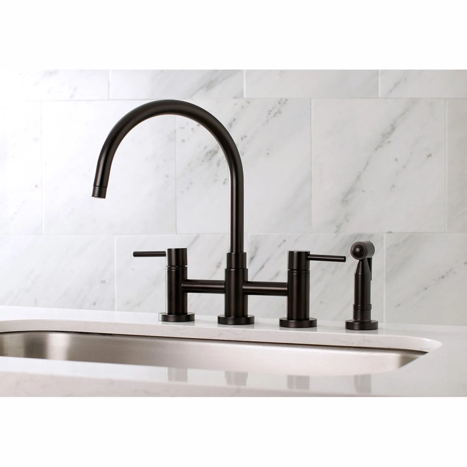 New Concord Two-Handle 4-Hole Bridge Kitchen Faucet with Brass Side Sprayer Faucets With Side Spray|Bridge Faucets