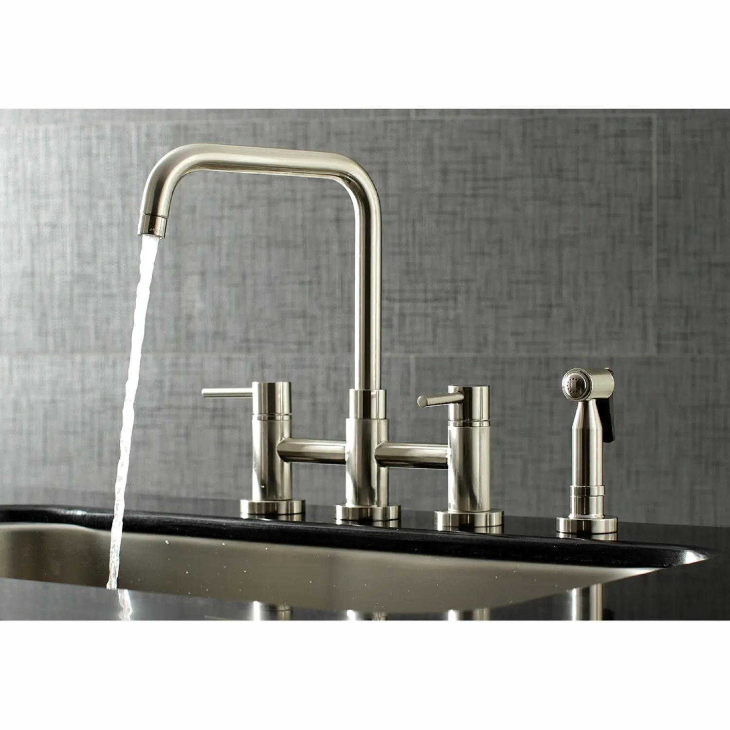 Concord Two-Handle Deck Mount Bridge Kitchen Faucet with Brass Side Sprayer Faucets With Side Spray|Bridge Faucets