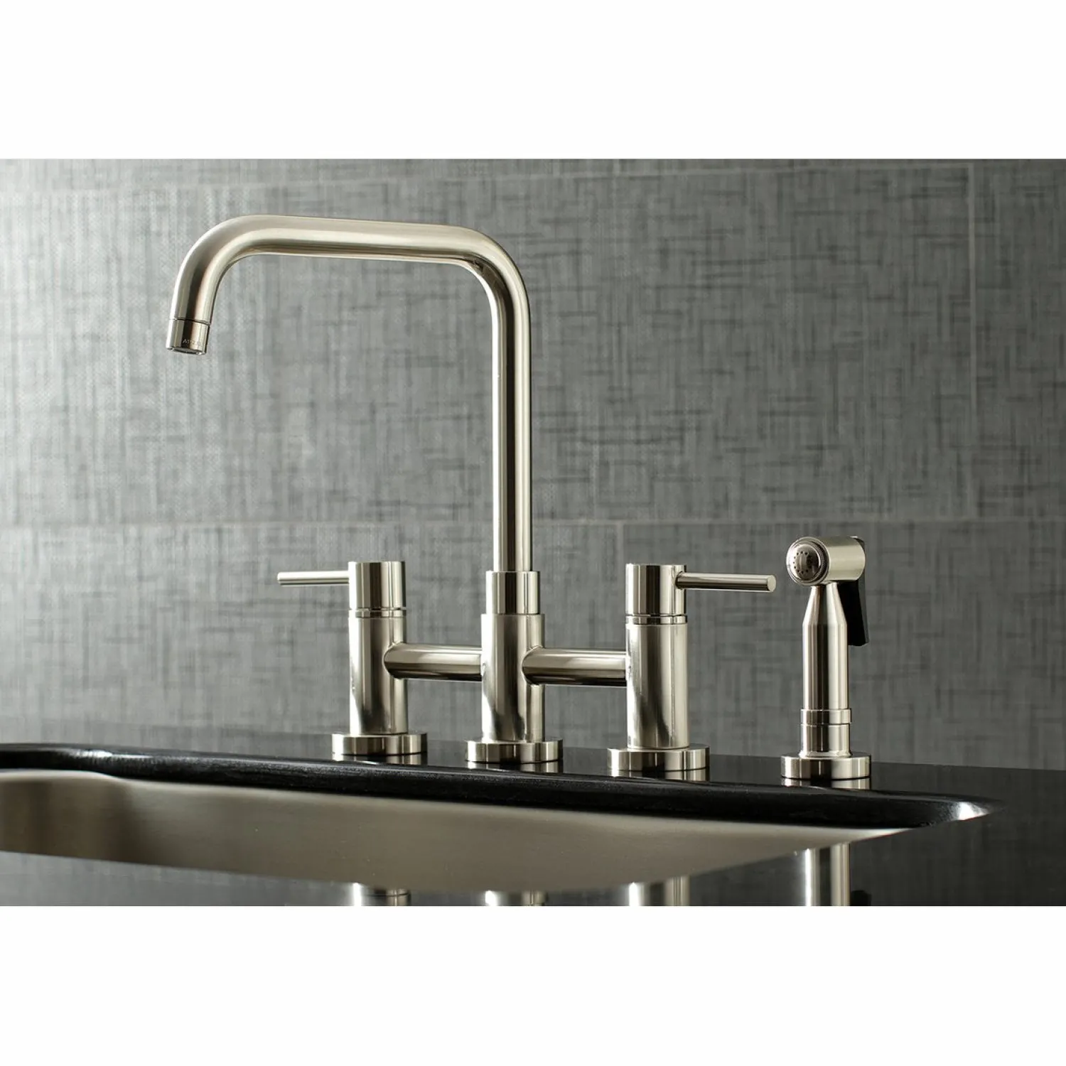Concord Two-Handle Deck Mount Bridge Kitchen Faucet with Brass Side Sprayer Faucets With Side Spray|Bridge Faucets