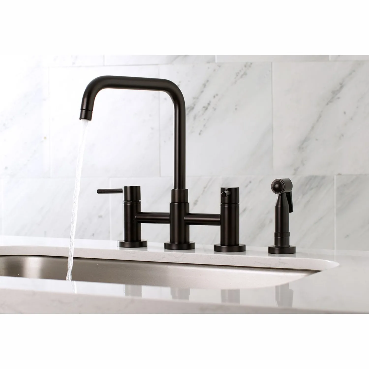 Concord Two-Handle Deck Mount Bridge Kitchen Faucet with Brass Side Sprayer Faucets With Side Spray|Bridge Faucets