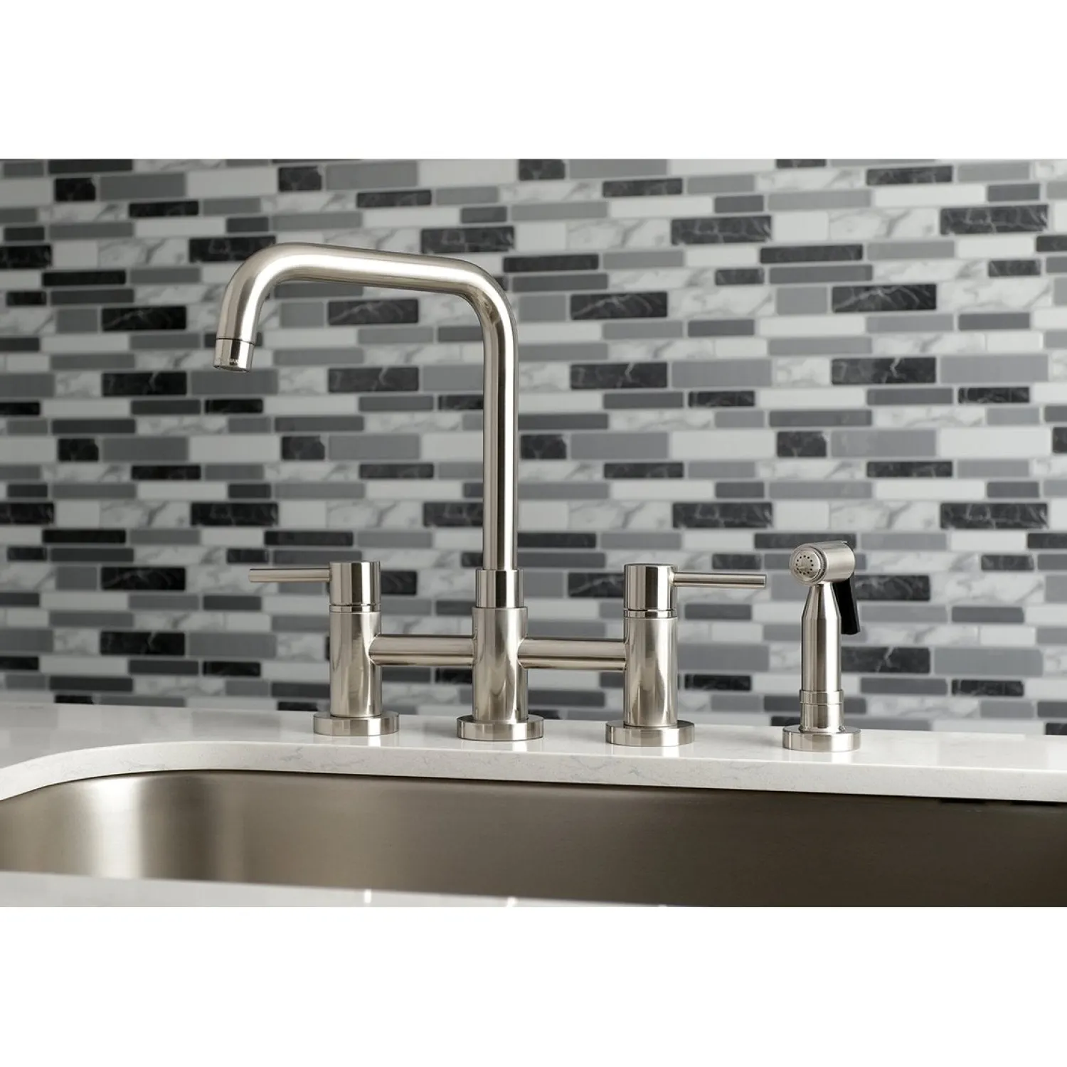 Concord Two-Handle Deck Mount Bridge Kitchen Faucet with Brass Side Sprayer Faucets With Side Spray|Bridge Faucets