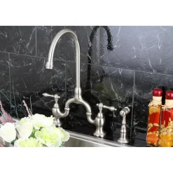 Clearance English Country Deck Mount Kitchen Bridge Faucet with Brass Sprayer Faucets With Side Spray|Bridge Faucets