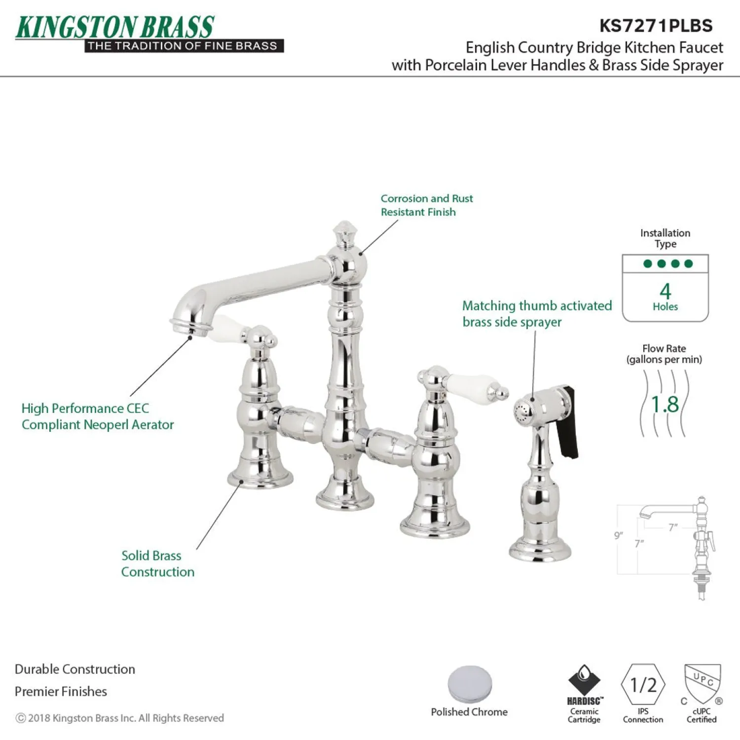 Discount English Country 4-Hole 8" Bridge Kitchen Faucet with Sprayer Faucets With Side Spray|Bridge Faucets