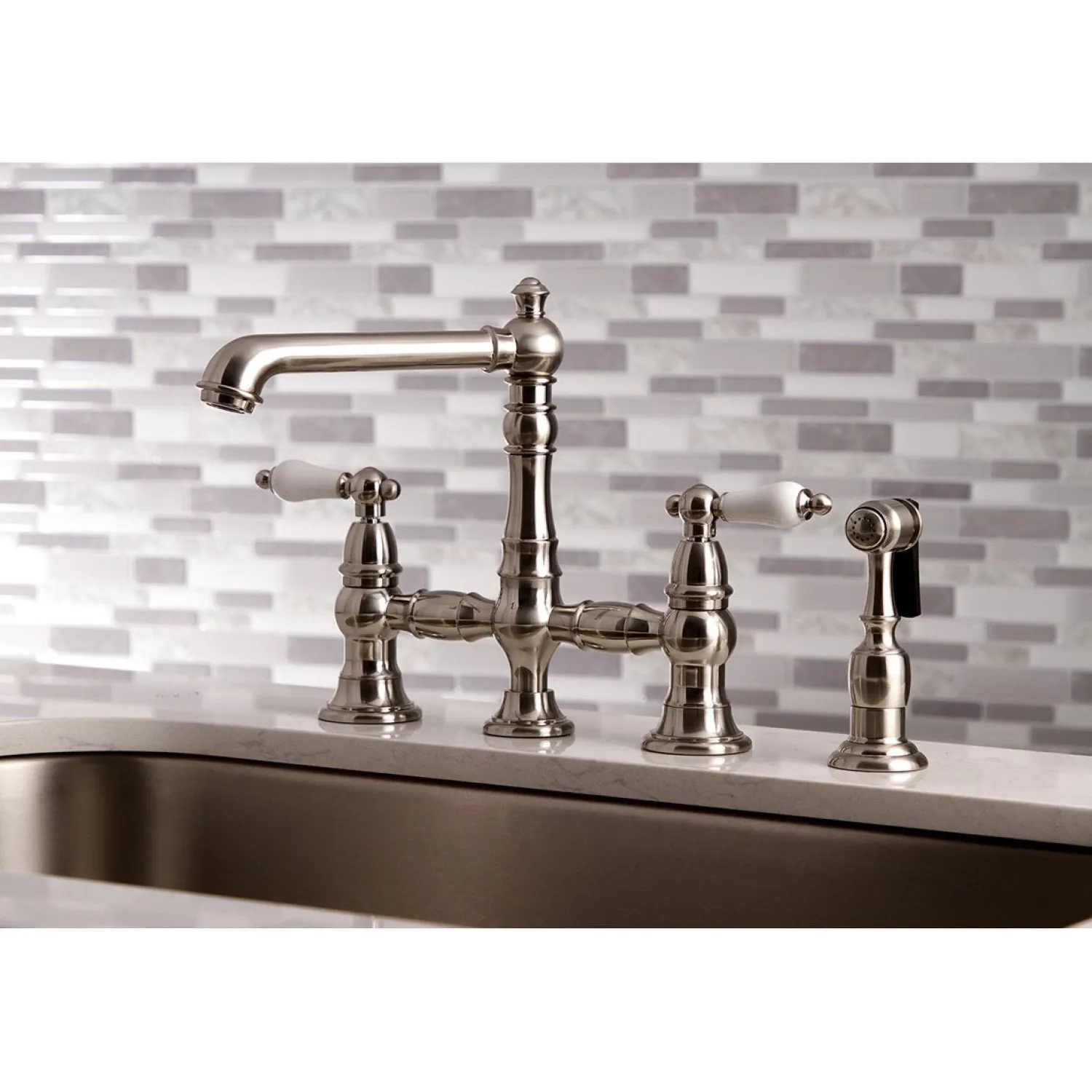 Discount English Country 4-Hole 8" Bridge Kitchen Faucet with Sprayer Faucets With Side Spray|Bridge Faucets
