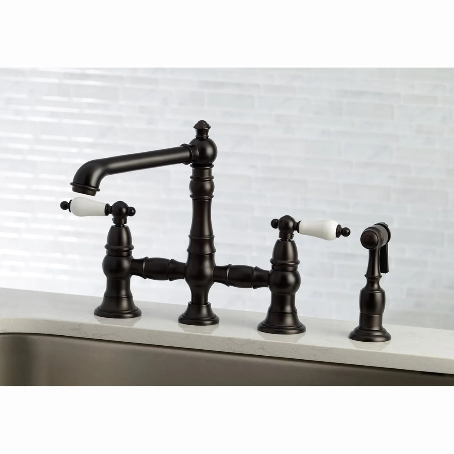 Discount English Country 4-Hole 8" Bridge Kitchen Faucet with Sprayer Faucets With Side Spray|Bridge Faucets