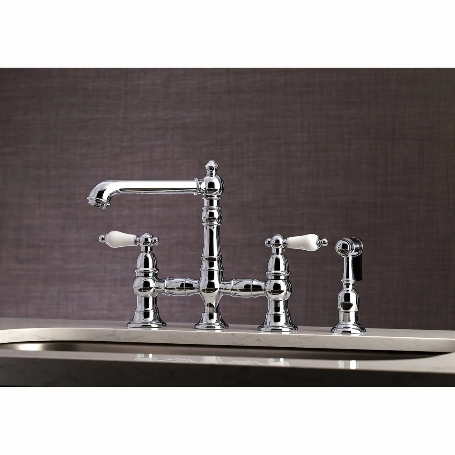 Discount English Country 4-Hole 8" Bridge Kitchen Faucet with Sprayer Faucets With Side Spray|Bridge Faucets