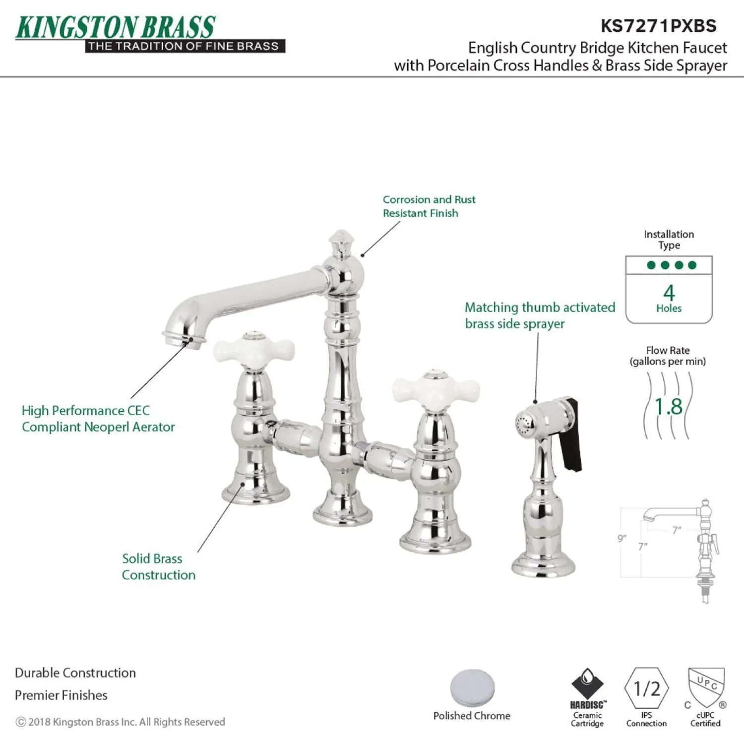 Outlet English Country 8" Bridge 4-Hole Kitchen Faucet with Sprayer Faucets With Side Spray|Bridge Faucets