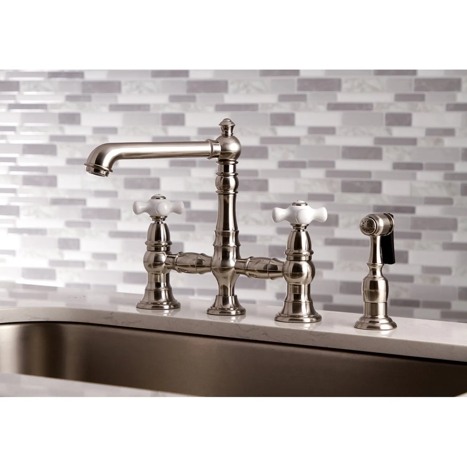 Outlet English Country 8" Bridge 4-Hole Kitchen Faucet with Sprayer Faucets With Side Spray|Bridge Faucets