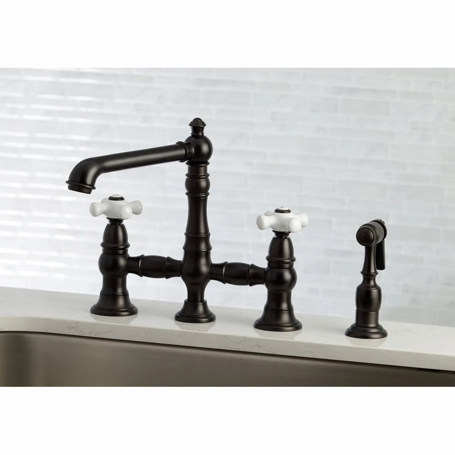 Outlet English Country 8" Bridge 4-Hole Kitchen Faucet with Sprayer Faucets With Side Spray|Bridge Faucets