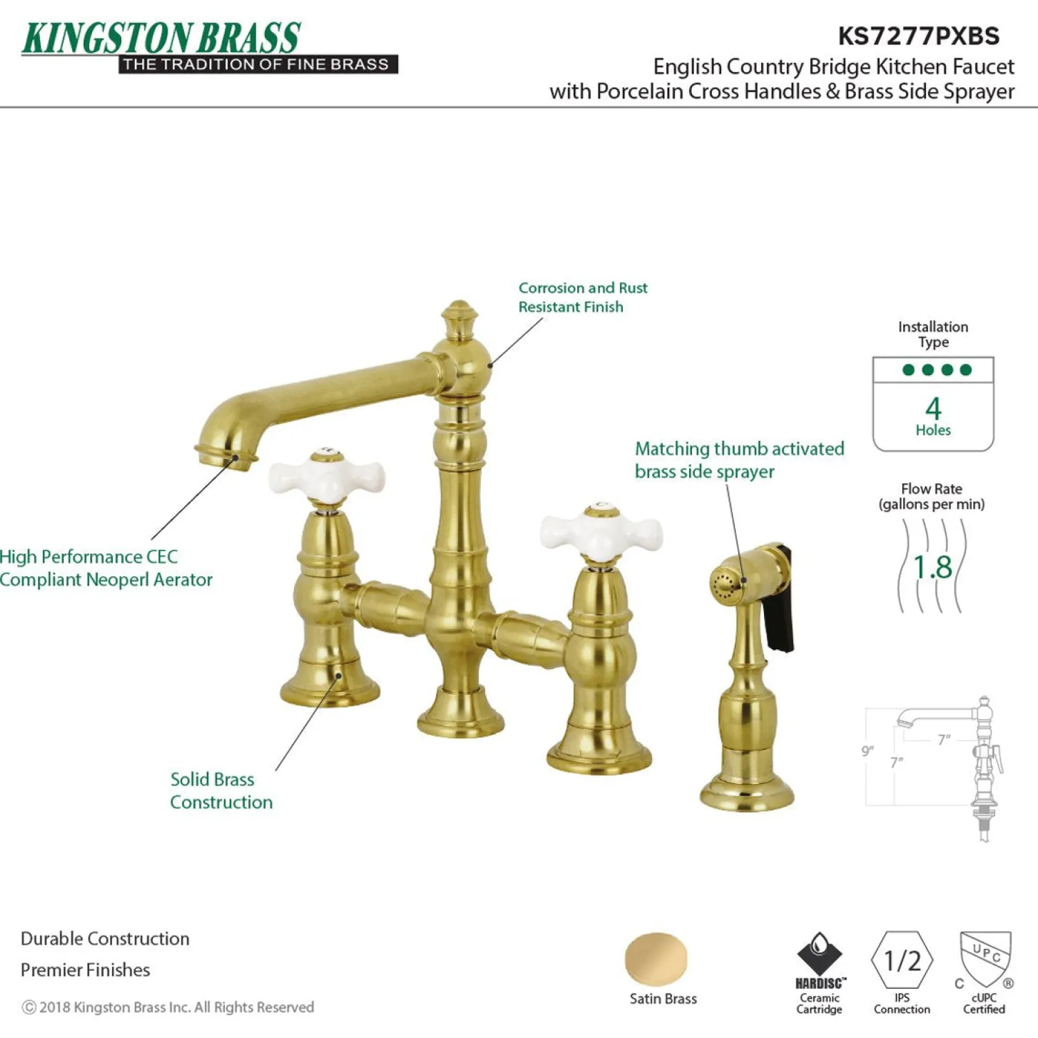 Outlet English Country 8" Bridge 4-Hole Kitchen Faucet with Sprayer Faucets With Side Spray|Bridge Faucets