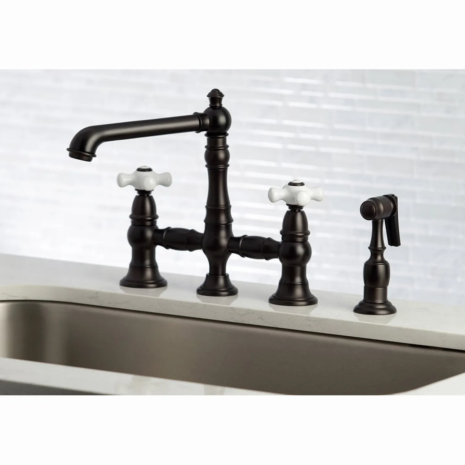 Outlet English Country 8" Bridge 4-Hole Kitchen Faucet with Sprayer Faucets With Side Spray|Bridge Faucets