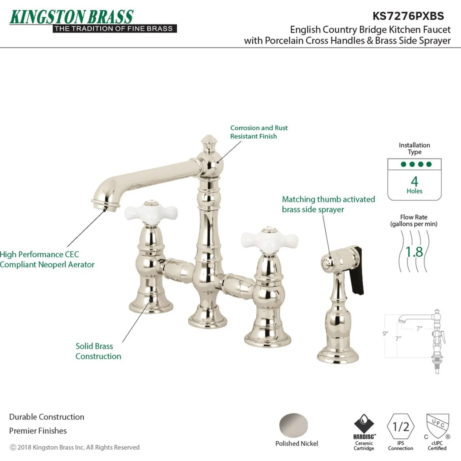 Outlet English Country 8" Bridge 4-Hole Kitchen Faucet with Sprayer Faucets With Side Spray|Bridge Faucets