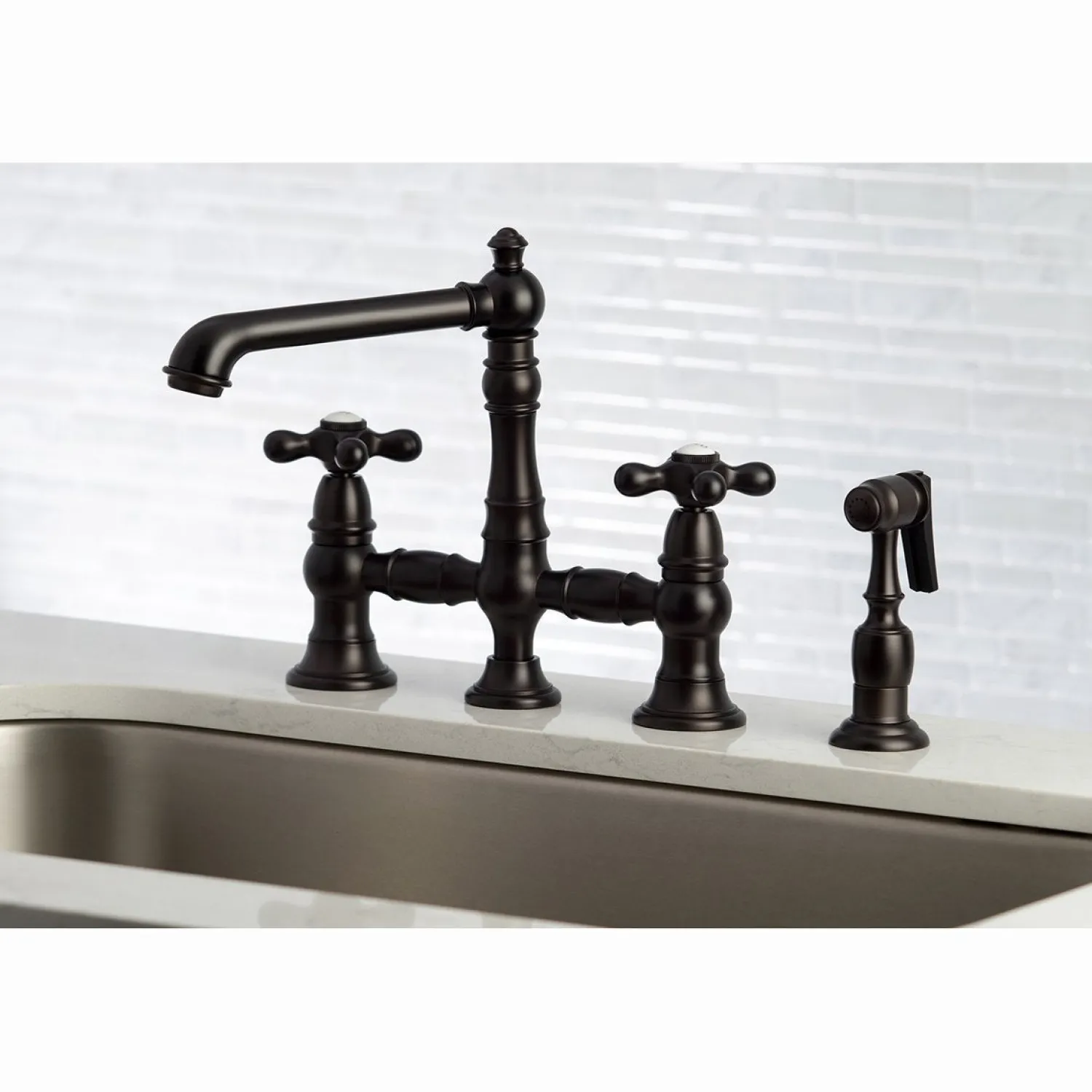 English Country 8" Bridge Kitchen Faucet with Sprayer Faucets With Side Spray|Bridge Faucets