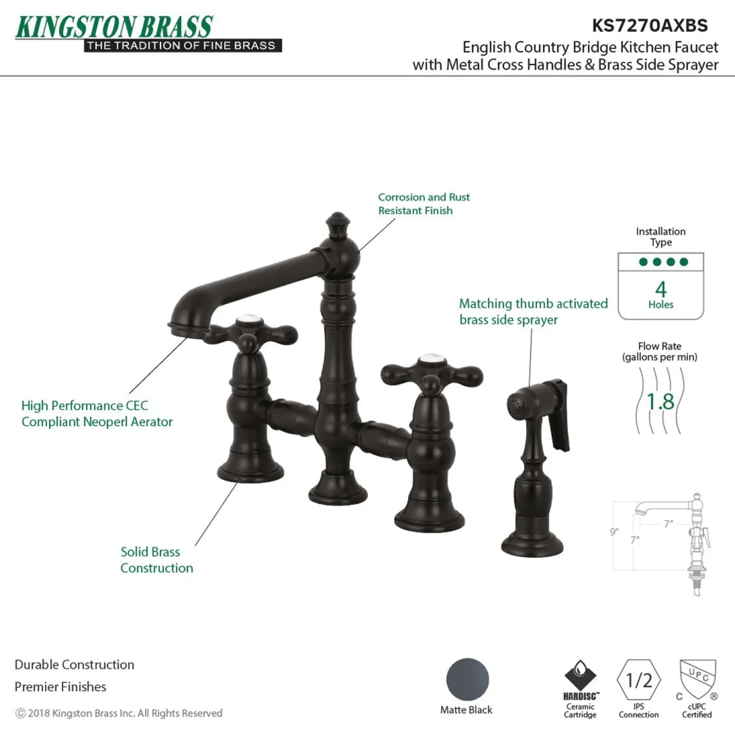 English Country 8" Bridge Kitchen Faucet with Sprayer Faucets With Side Spray|Bridge Faucets