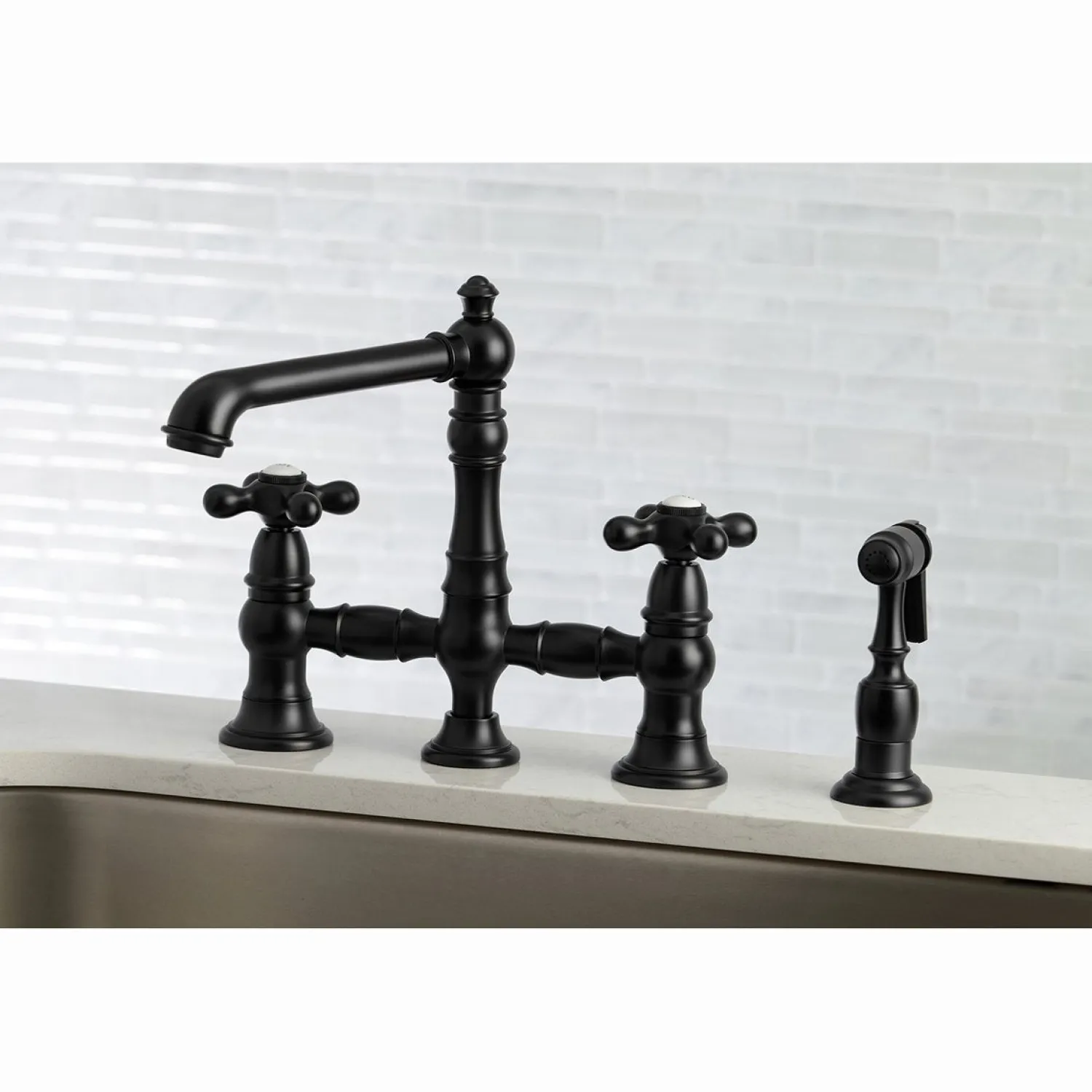 English Country 8" Bridge Kitchen Faucet with Sprayer Faucets With Side Spray|Bridge Faucets