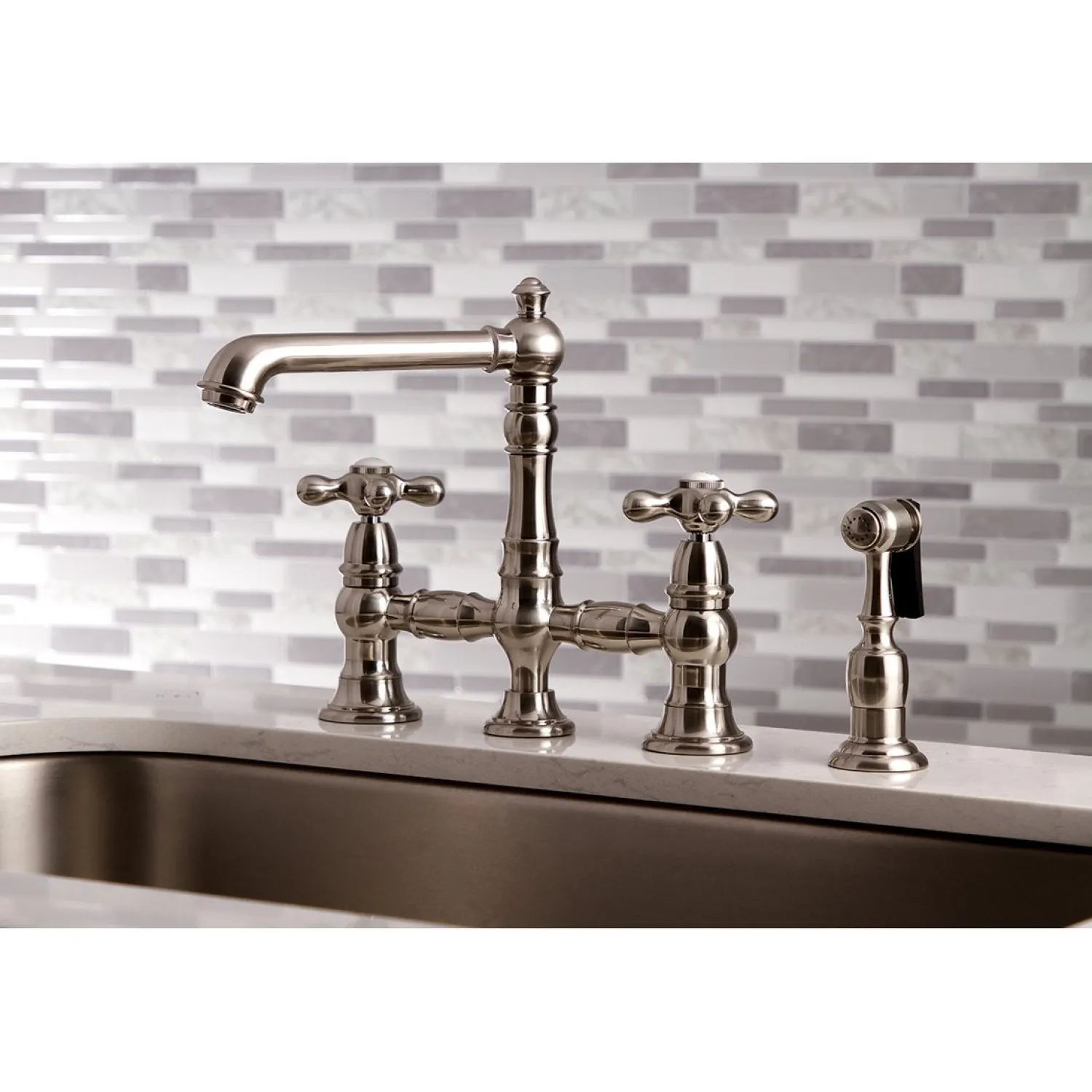 English Country 8" Bridge Kitchen Faucet with Sprayer Faucets With Side Spray|Bridge Faucets