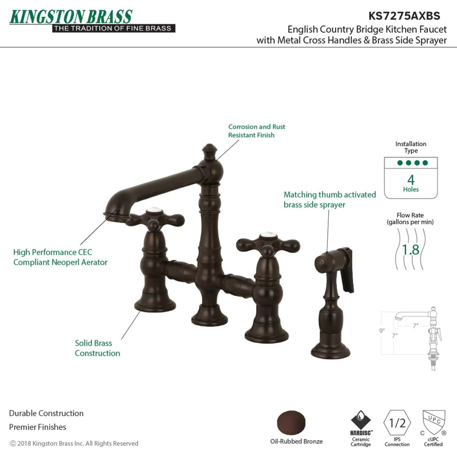 English Country 8" Bridge Kitchen Faucet with Sprayer Faucets With Side Spray|Bridge Faucets