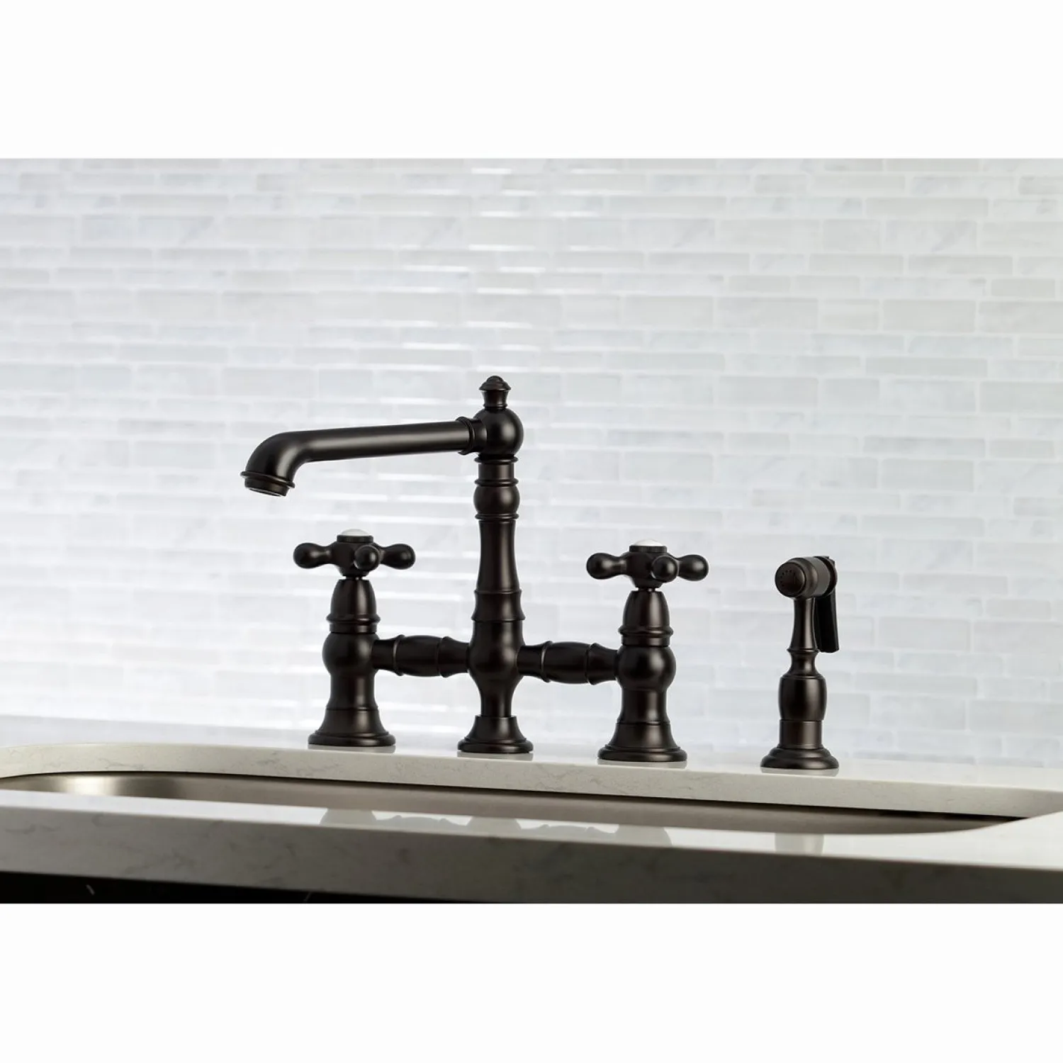 English Country 8" Bridge Kitchen Faucet with Sprayer Faucets With Side Spray|Bridge Faucets
