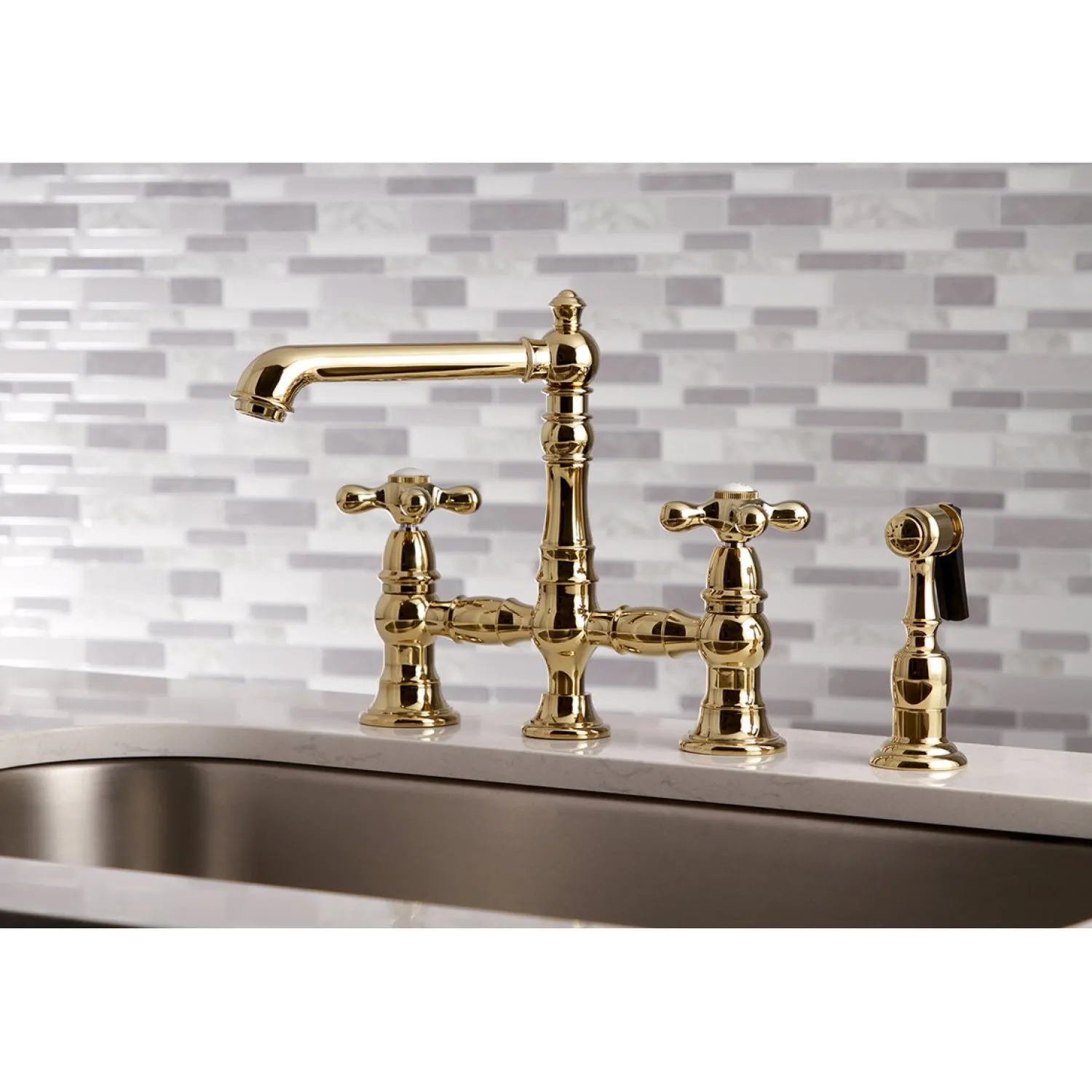English Country 8" Bridge Kitchen Faucet with Sprayer Faucets With Side Spray|Bridge Faucets