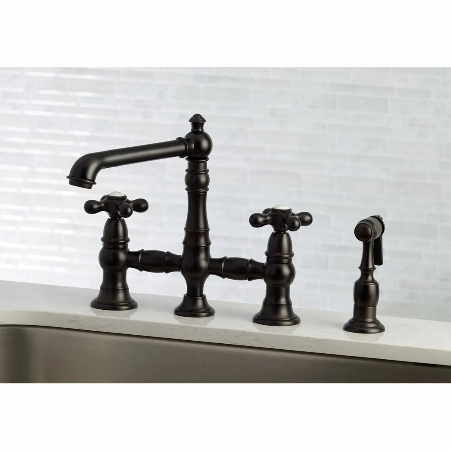 English Country 8" Bridge Kitchen Faucet with Sprayer Faucets With Side Spray|Bridge Faucets