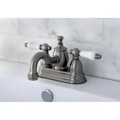 New English Country 4" Centerset Lavatory Faucet with Heritage Spout and Porcelain Lever Handle 4" Center Set