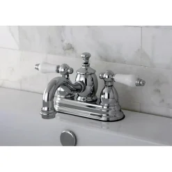 New English Country 4" Centerset Lavatory Faucet with Heritage Spout and Porcelain Lever Handle 4" Center Set