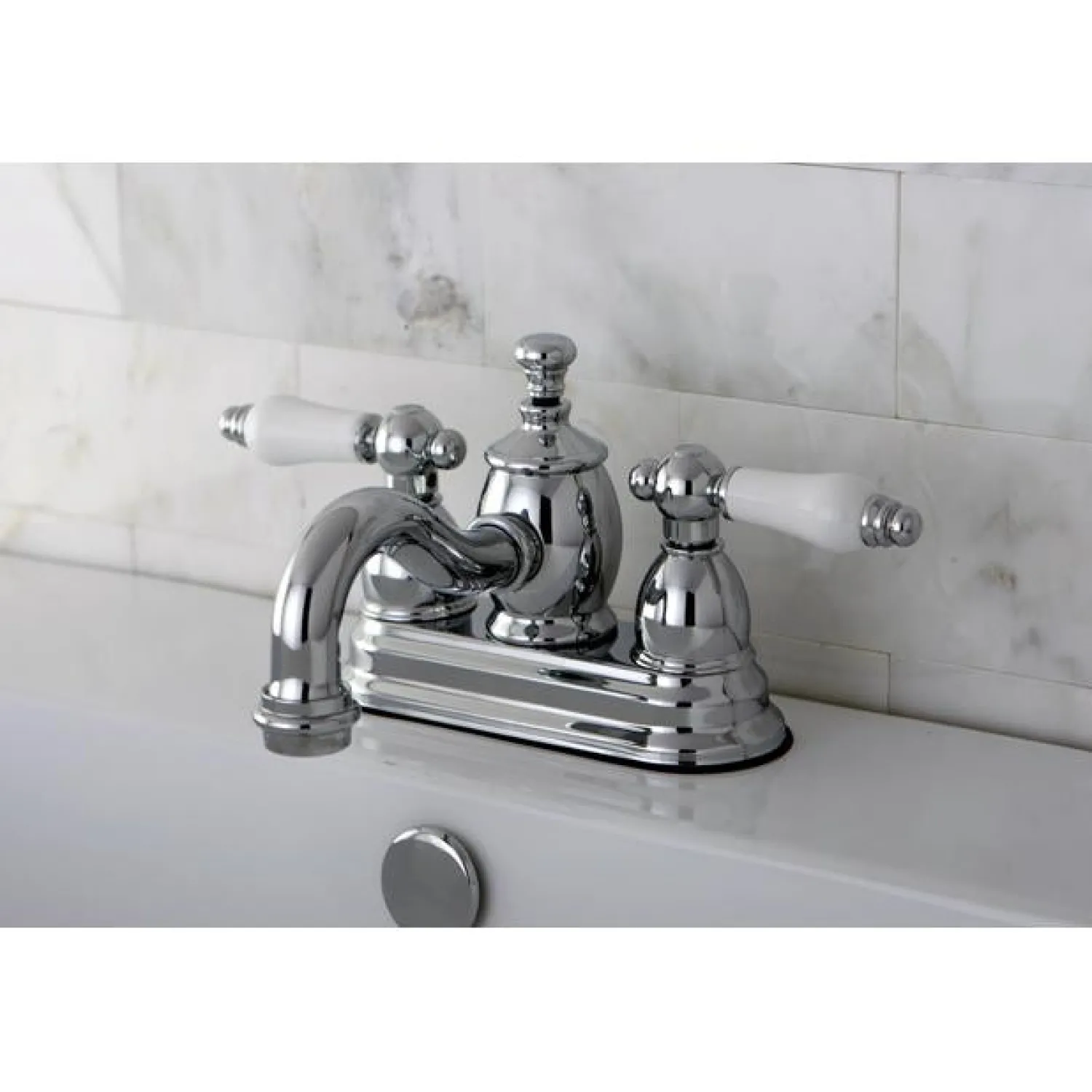 New English Country 4" Centerset Lavatory Faucet with Heritage Spout and Porcelain Lever Handle 4" Center Set