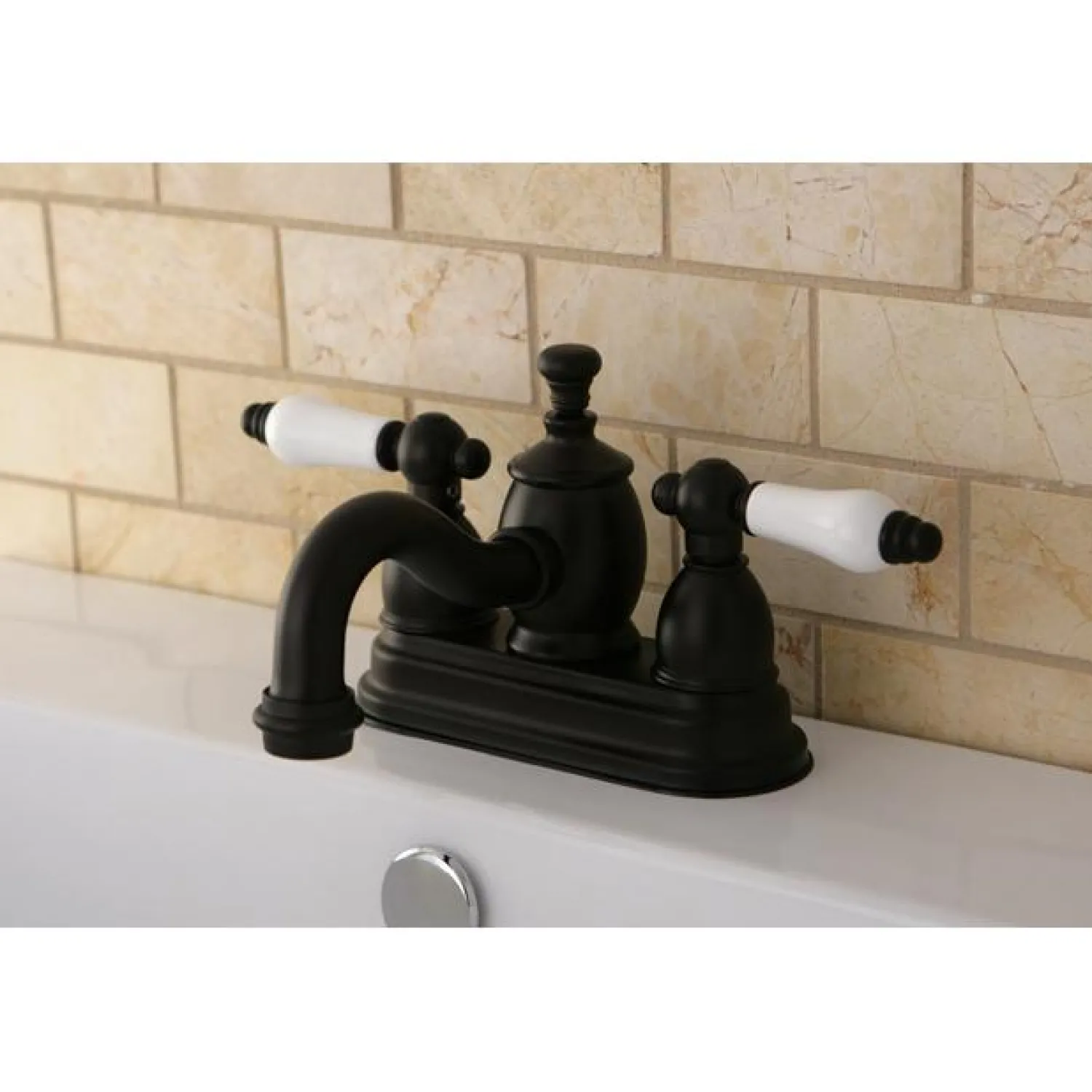 New English Country 4" Centerset Lavatory Faucet with Heritage Spout and Porcelain Lever Handle 4" Center Set