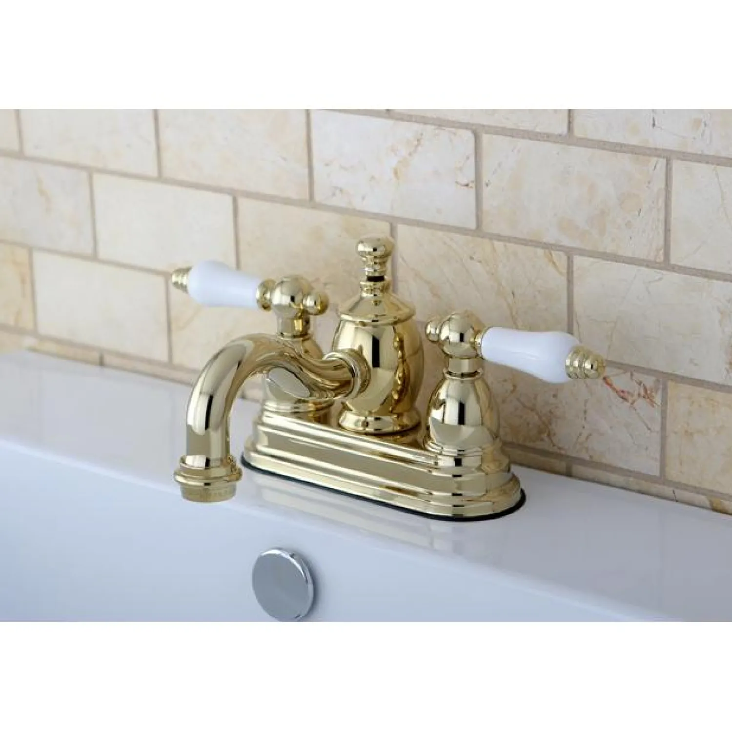 New English Country 4" Centerset Lavatory Faucet with Heritage Spout and Porcelain Lever Handle 4" Center Set