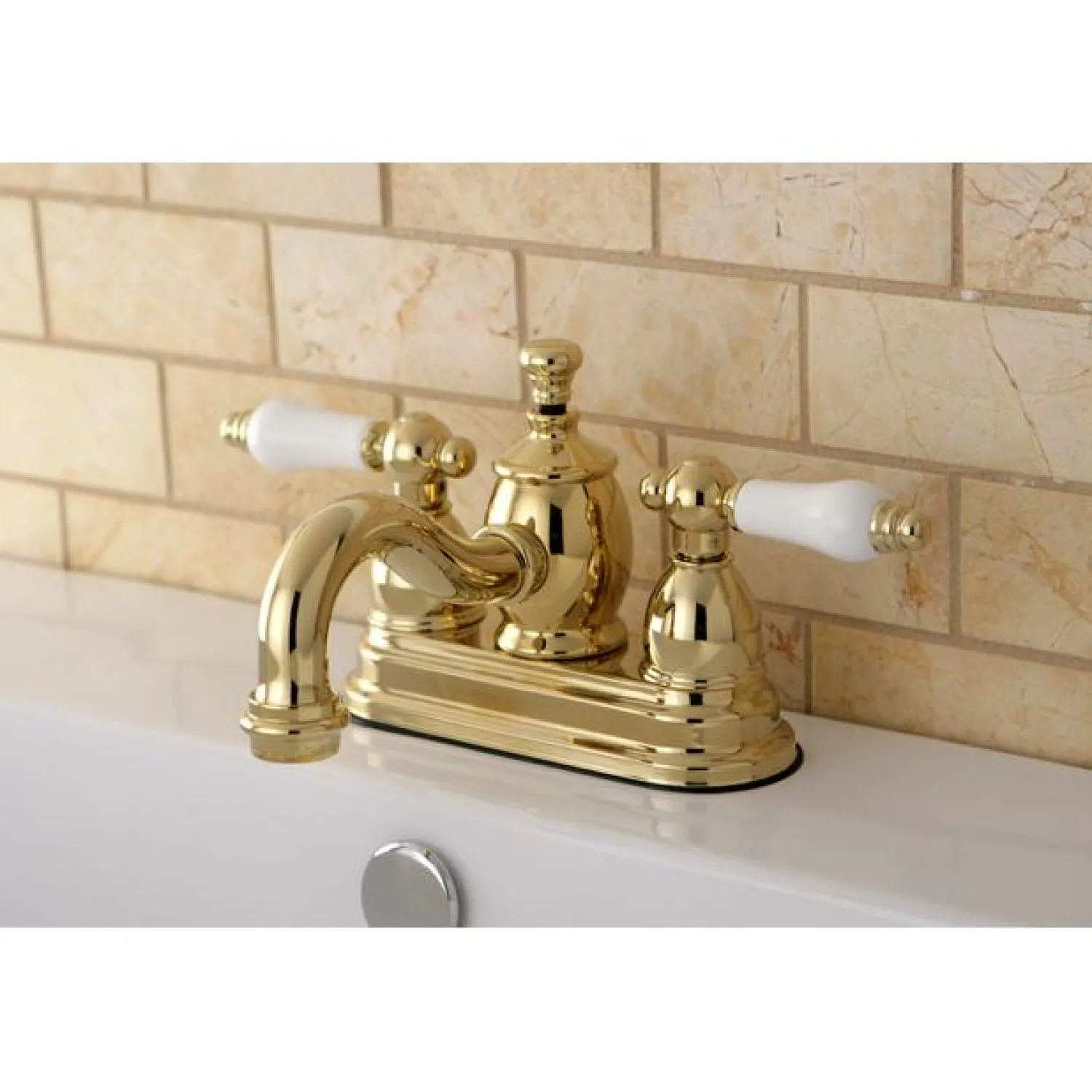 New English Country 4" Centerset Lavatory Faucet with Heritage Spout and Porcelain Lever Handle 4" Center Set