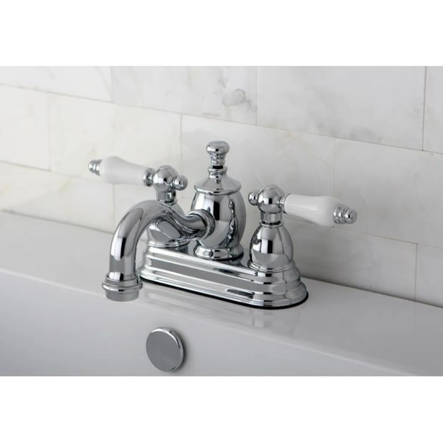New English Country 4" Centerset Lavatory Faucet with Heritage Spout and Porcelain Lever Handle 4" Center Set