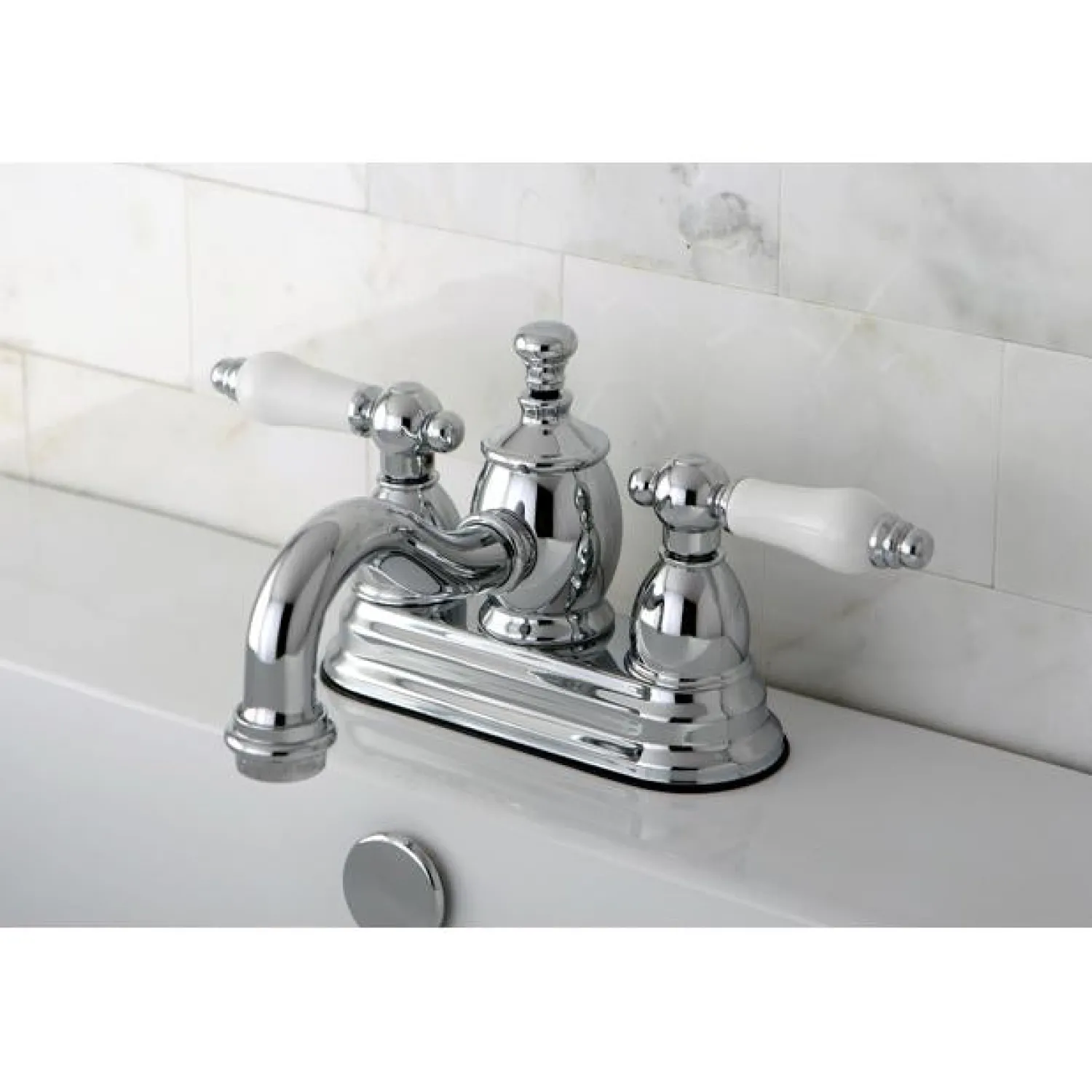 New English Country 4" Centerset Lavatory Faucet with Heritage Spout and Porcelain Lever Handle 4" Center Set