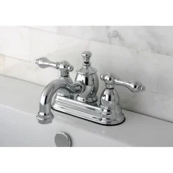 Hot English Country 4" Centerset Lavatory Faucet with Metal Lever Handle and Heritage Spout 4" Center Set