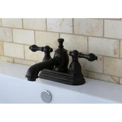 English Country 4" Centerset Lavatory Faucet with Heritage Spout and Metal Lever Handle 4" Center Set