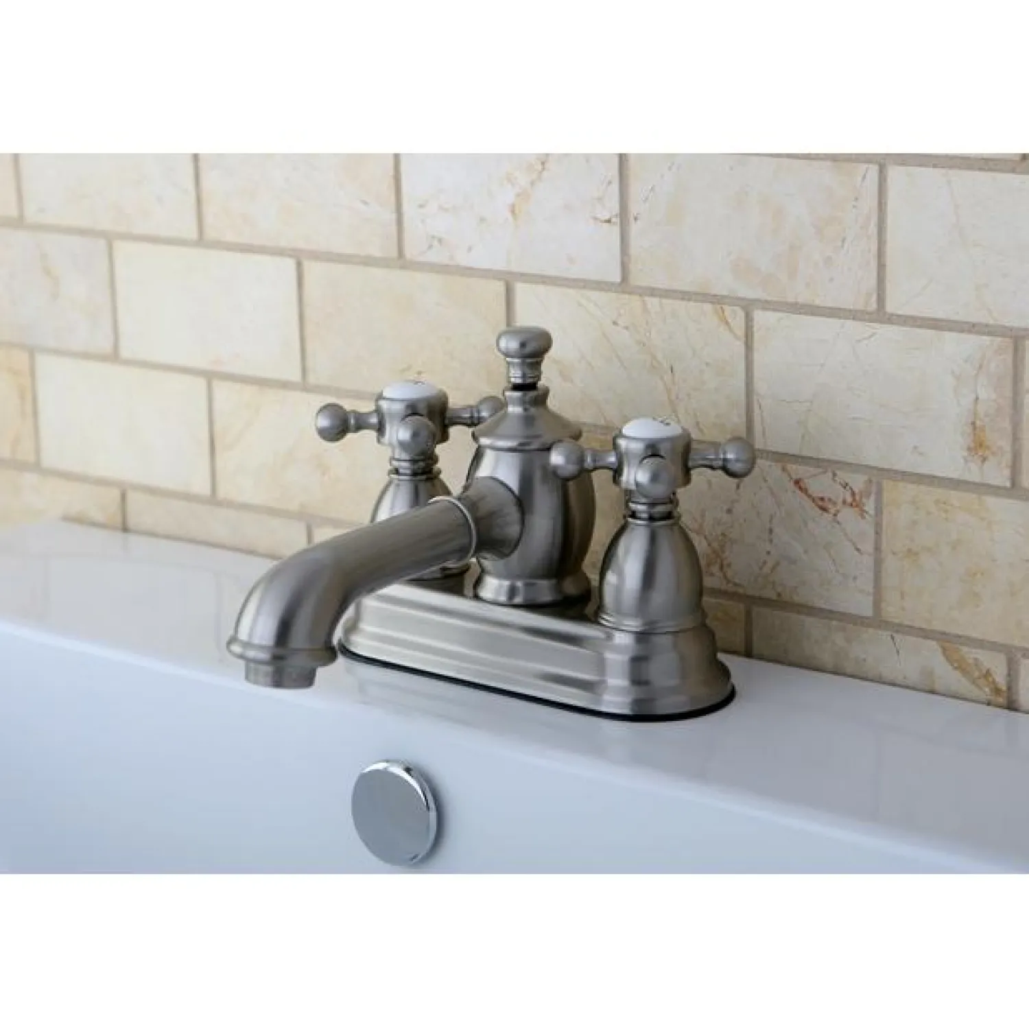 Hot English Country 4" Centerset Lavatory Faucet with Metal Cross Handle and Heritage Spout 4" Center Set