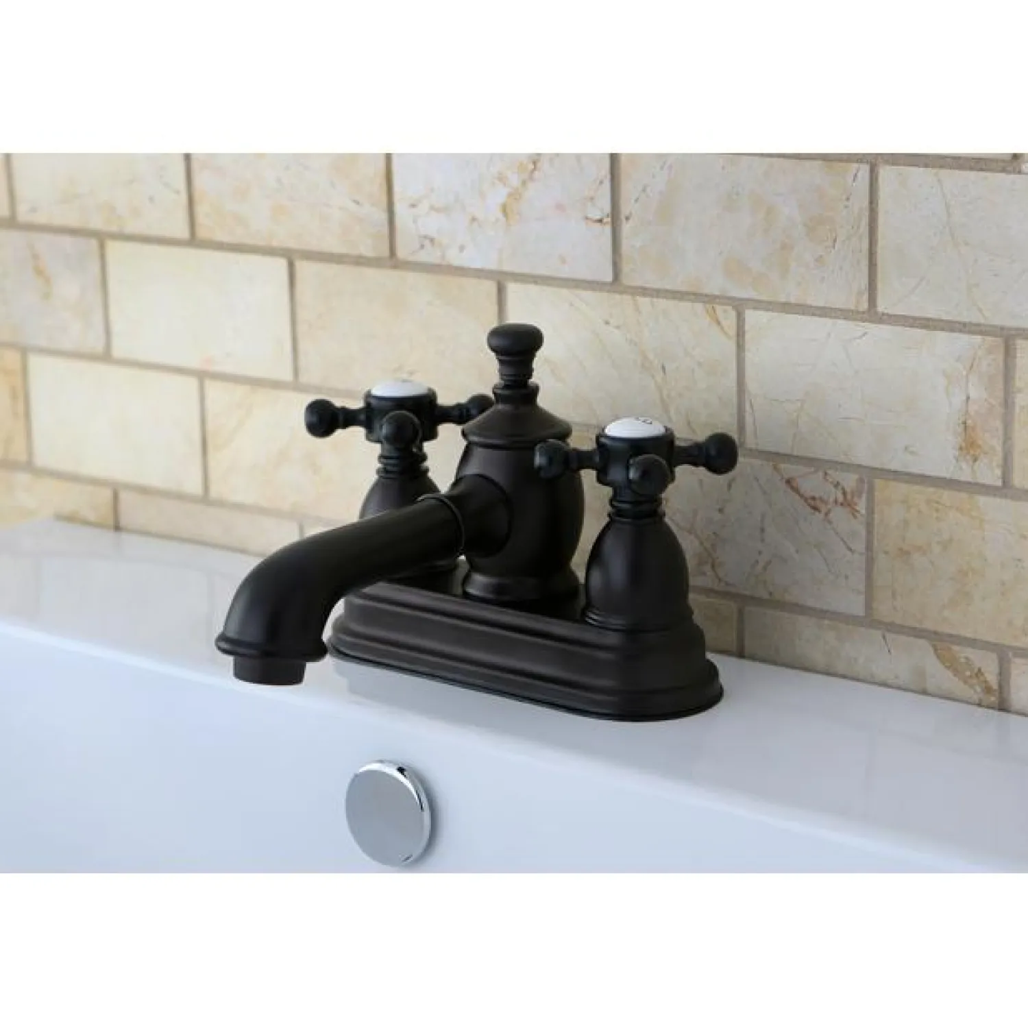 Hot English Country 4" Centerset Lavatory Faucet with Metal Cross Handle and Heritage Spout 4" Center Set