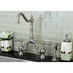 English Country Kitchen Bridge Faucet with Brass Sprayer Faucets With Side Spray|Bridge Faucets