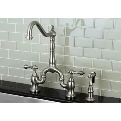 English Country Kitchen Bridge Faucet with Brass Sprayer Faucets With Side Spray|Bridge Faucets