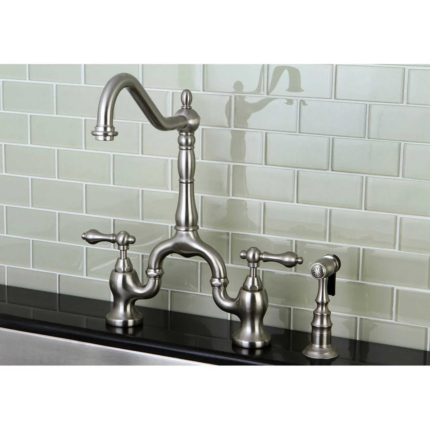 English Country Kitchen Bridge Faucet with Brass Sprayer Faucets With Side Spray|Bridge Faucets