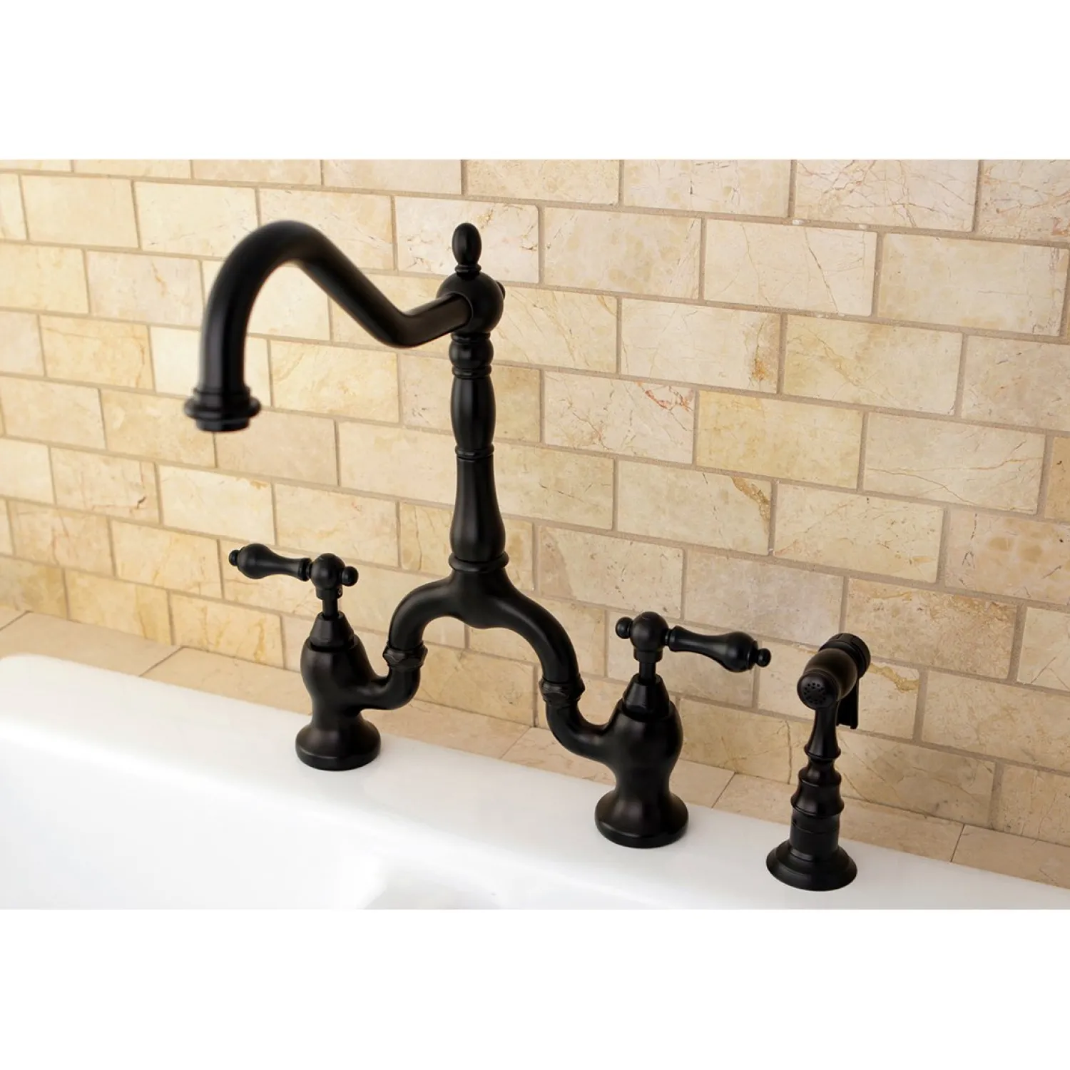 English Country Kitchen Bridge Faucet with Brass Sprayer Faucets With Side Spray|Bridge Faucets