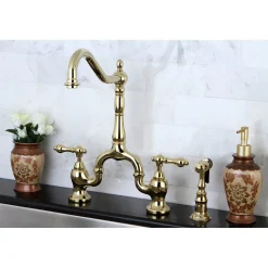 English Country Kitchen Bridge Faucet with Brass Sprayer Faucets With Side Spray|Bridge Faucets