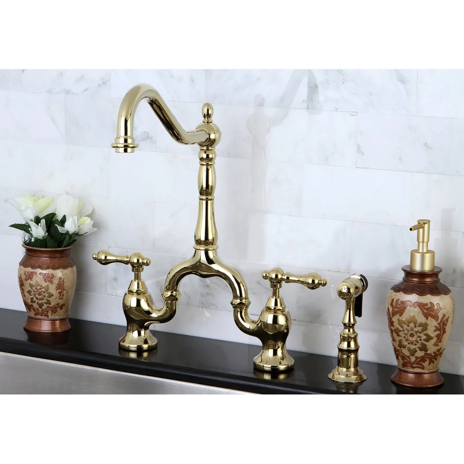 English Country Kitchen Bridge Faucet with Brass Sprayer Faucets With Side Spray|Bridge Faucets