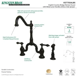 English Country Kitchen Bridge Faucet with Brass Sprayer Faucets With Side Spray|Bridge Faucets
