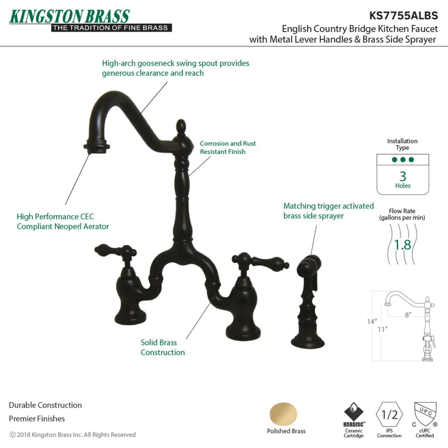 English Country Kitchen Bridge Faucet with Brass Sprayer Faucets With Side Spray|Bridge Faucets