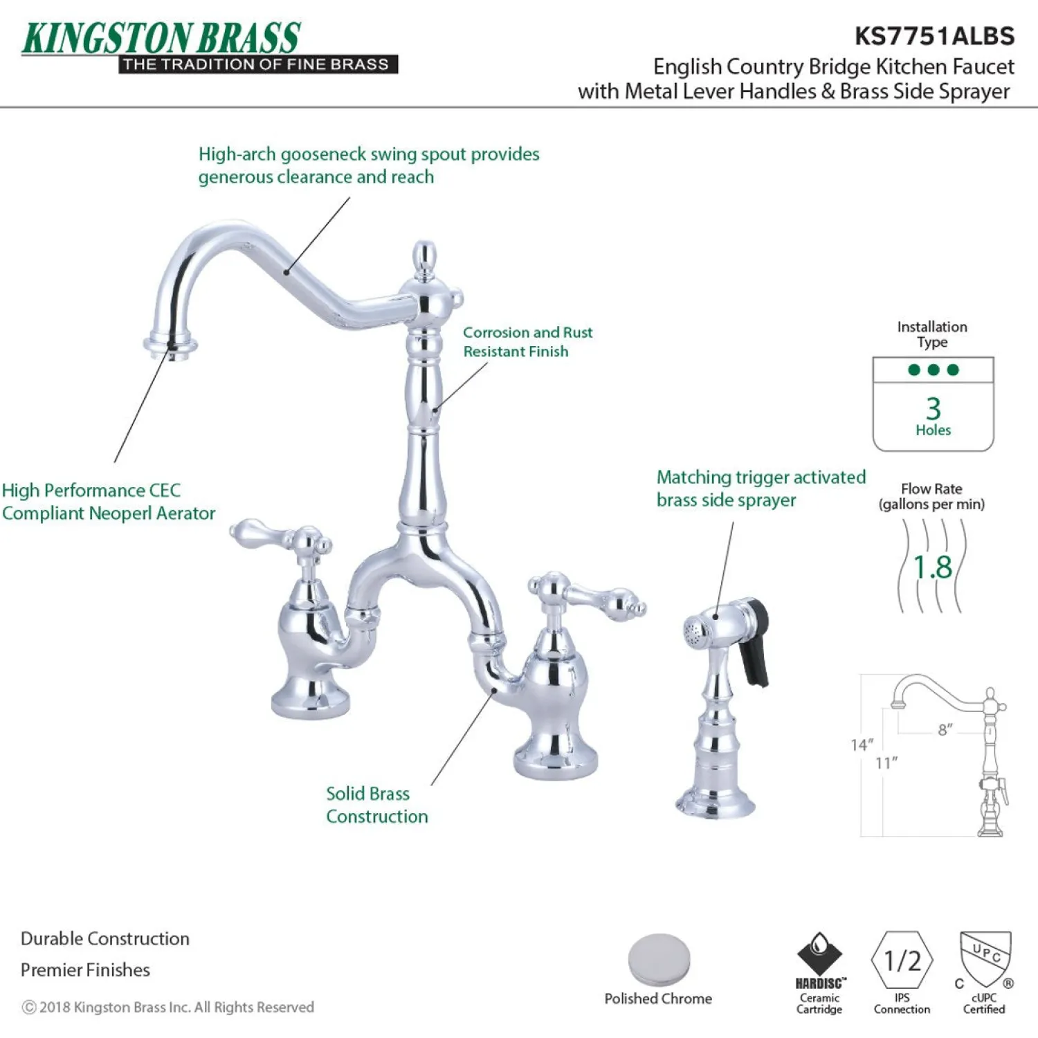English Country Kitchen Bridge Faucet with Brass Sprayer Faucets With Side Spray|Bridge Faucets