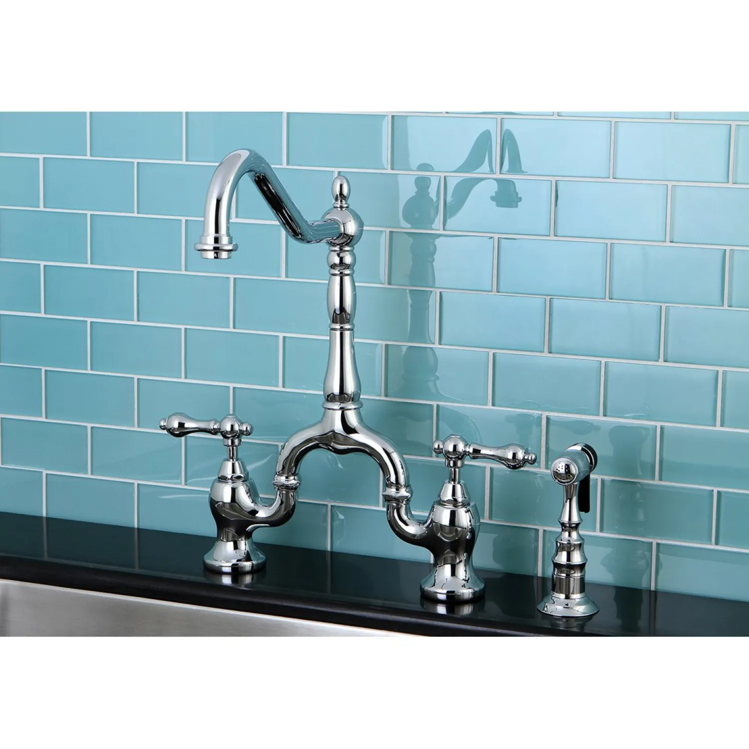 English Country Kitchen Bridge Faucet with Brass Sprayer Faucets With Side Spray|Bridge Faucets