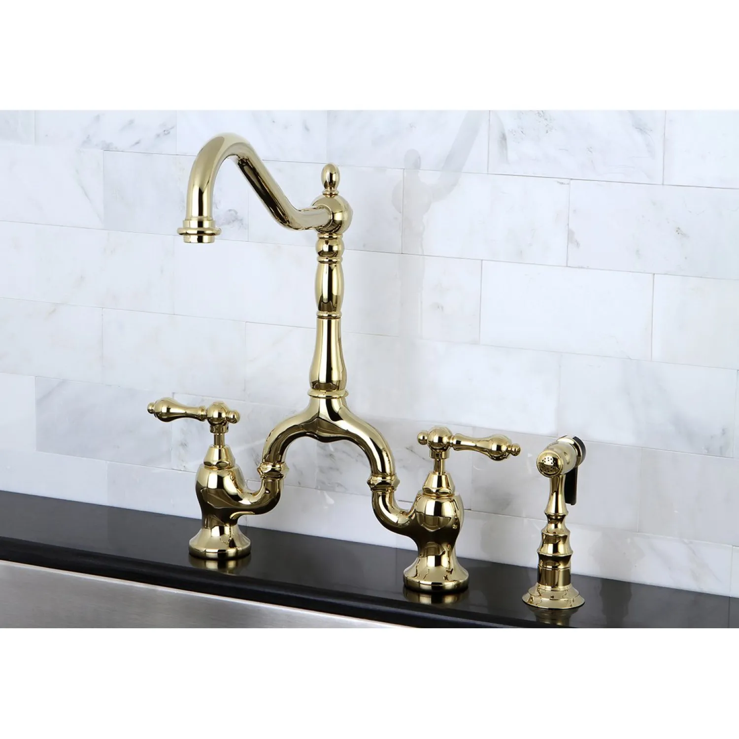 English Country Kitchen Bridge Faucet with Brass Sprayer Faucets With Side Spray|Bridge Faucets