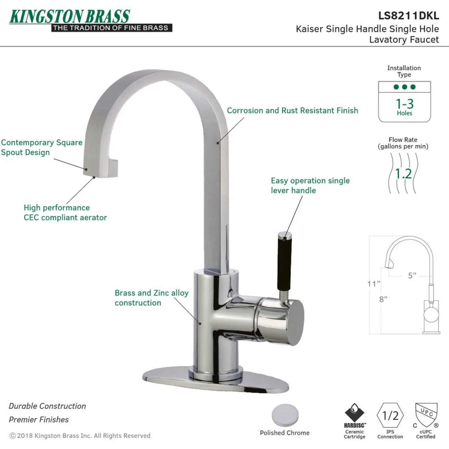 Hot Fauceture Kaiser Single-Handle Bathroom Faucet with Drain Single Hole