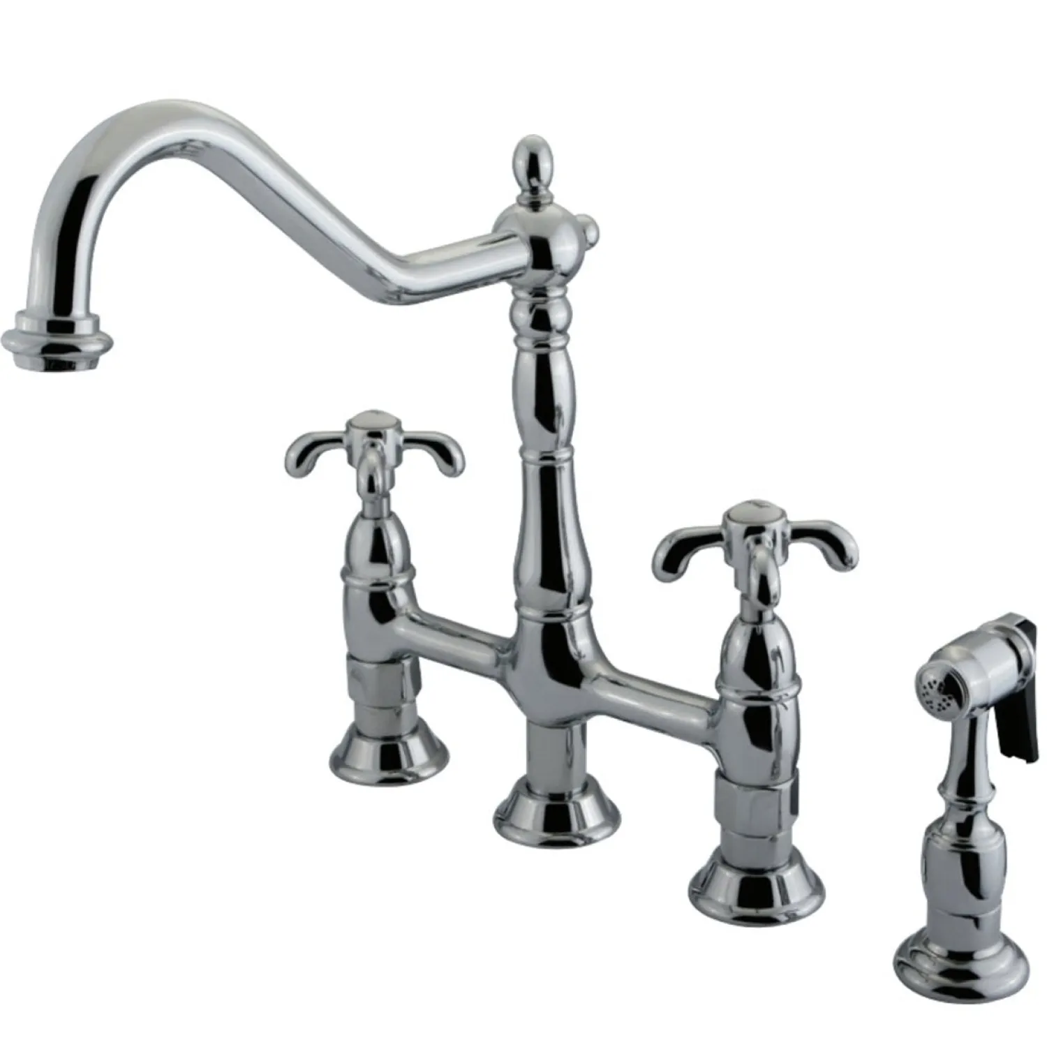 Outlet French Country Kitchen Bridge Faucet with Brass Sprayer Bridge Faucets